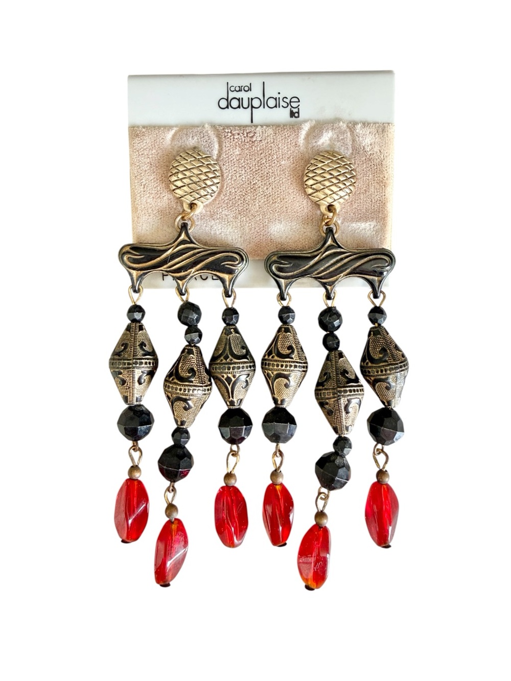 Vintage 1980s Carol Dauplaise Red Black Beaded Chandelier Earrings NOS